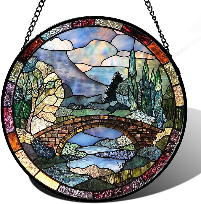 AMDERVEN Stained Glass Window Hanging, Blue Landscape Arch Bridge Sun Catcher for Door Home Decor Suncatcher Christmas Mother's Day Birthday Gifts for Women Men Mom and Nana 15 in