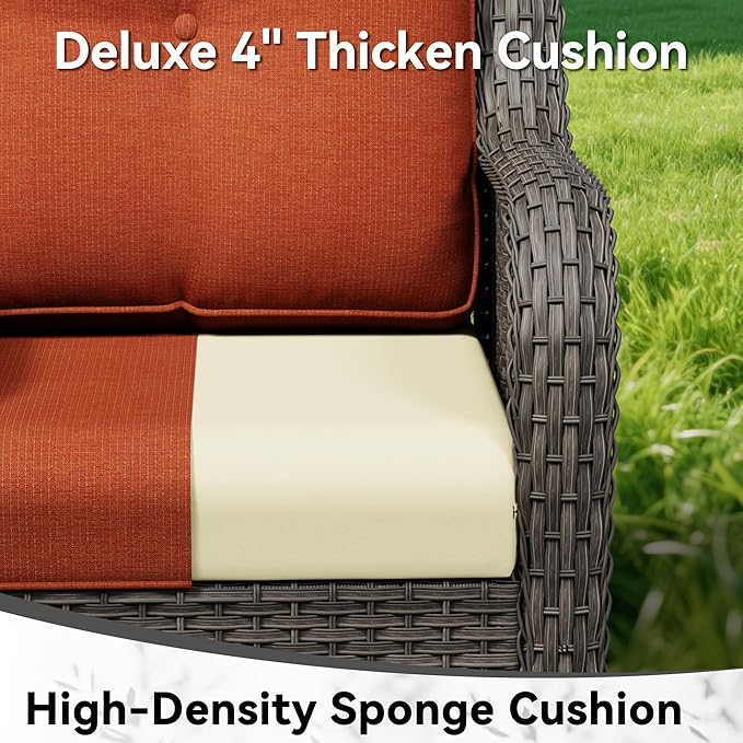 3 Pieces Outdoor Wicker Patio Furniture Set - Patio Chairs Set with Thickened Olefin Cushions, High Back and Deep Seating, Curved Armrest, PE Rattan for Porch, Deck, Balcony,Orange