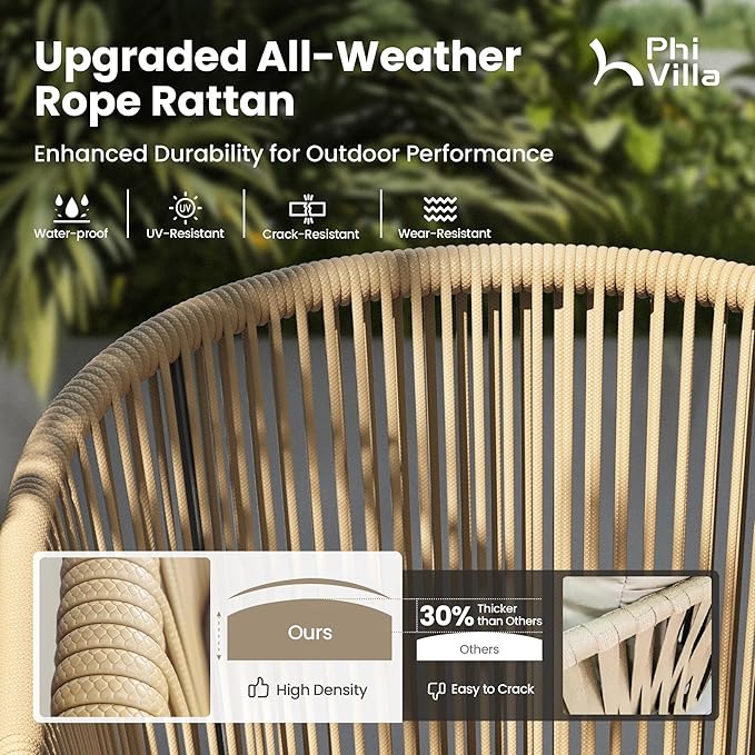 PHI VILLA Patio Wicker Chairs Set of 4, Outdoor Modern Brown Rope Rattan Chairs with Metal Legs & Cushions, Outside Dining Bistro Furniture for Deck, Porch, Backyard