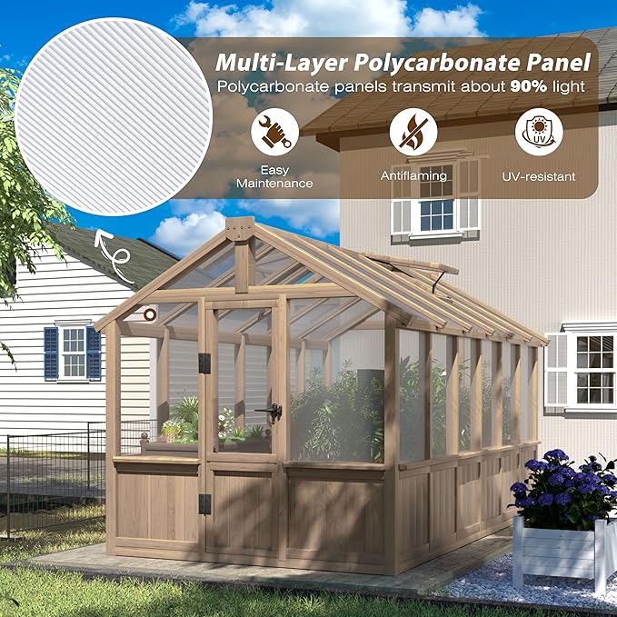 Mupater 6'x12' Wooden Polycarbonate Greenhouse,Outdoor with Ventilated Window and Lockable Door, Walk-in Greenhouse for Backyard, Patio, Lawn, Brown