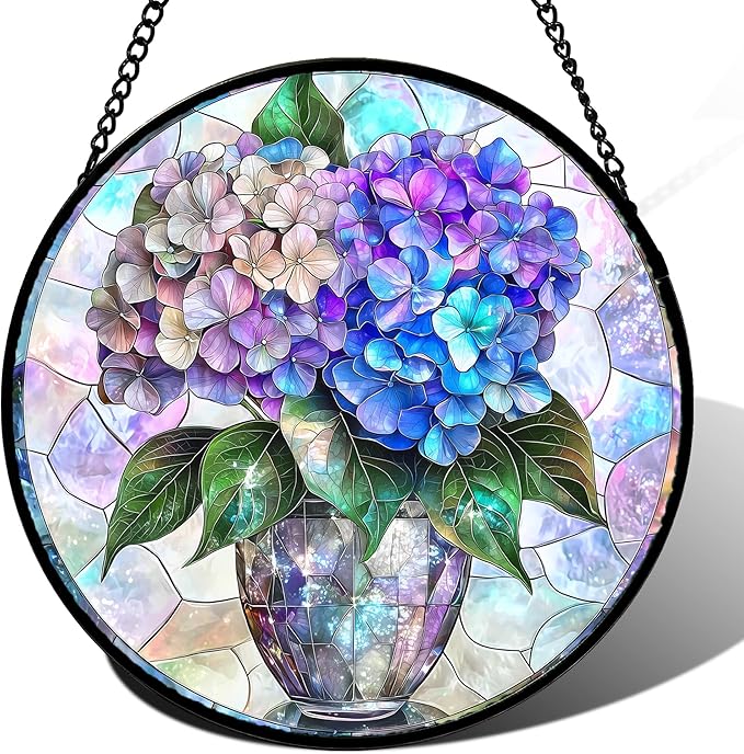 HWRHTR Stained Glass Window Hanging, Blue Purple Hydrangea Flowerpot Suncatcher for Doors Home Sun Catchers Decoration and Christmas, Mother's Day Birthday Gifts for Women, Men, and Mom 6.3x6.3 in
