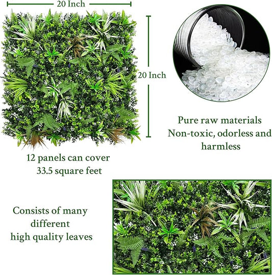 ODTORY Artificial Boxwood Topiary Hedges Panels: 20'' x 20'' 12P UV-Protected Privacy Faux Grass Backdrop Fence Screen for Patio, Balcony, Garden, Backyard Indoor Outdoor Green Wall Decor