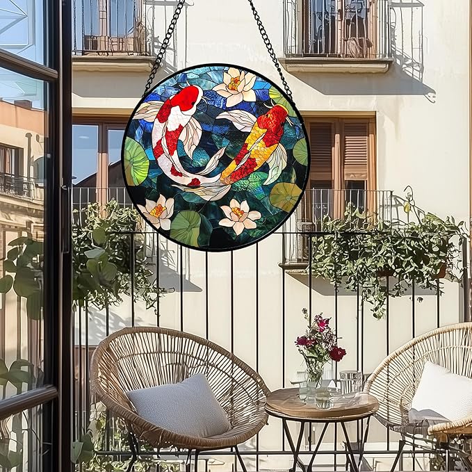 AMDERVEN Stained Glass Window Hanging, Koi and Lotus Sun Catcher for Door Home Decor Fish Suncatcher Christmas Mother's Day Birthday Gifts for Women Men Mom and Nana 15 in