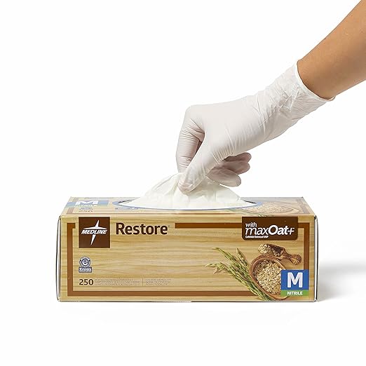 Medline Restore Nitrile Exam Gloves, 250 Count, Large, Powder Free, Disposable, Colloidal Oatmeal to Soothe Hands, Strong, Tear Resistant for Medical Tasks, Household Chores and More, Off-white