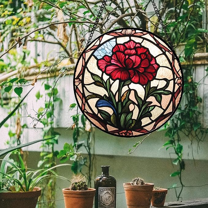 AMDERVEN Stained Glass Window Hanging - Red Carnation Birth Flower Sun Catcher for Door Garden Home Decor Suncatcher Christmas Mother's Day Birthday Gifts for Women Men Mom Nana Friend Wife 7.8 in