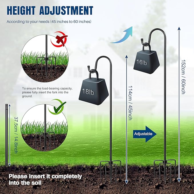 Ottsuls Shepherds Hooks for Outdoor - 60" Heavy Duty Bird Feeder Pole with 5 Prong Base, Adjustable Stand Hanger for Garden Plant, Hummingbird Feeder, Lantern Lights - Haning Wedding Decor (1 Pack)