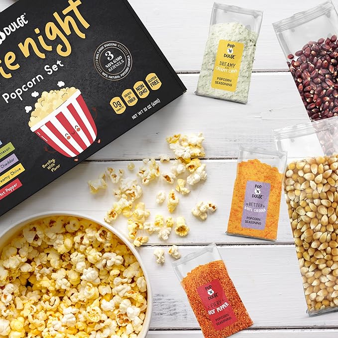 Pop n' Dulge Popcorn Movie Night Supplies 16 pcs Gift Set, 5 Gourmet Popcorn Kernels, 5 Seasoning Variety Packs Non-GMO Kosher Snacks, Great Housewarming Family Date Night Gifts Basket Ideas For Him Her