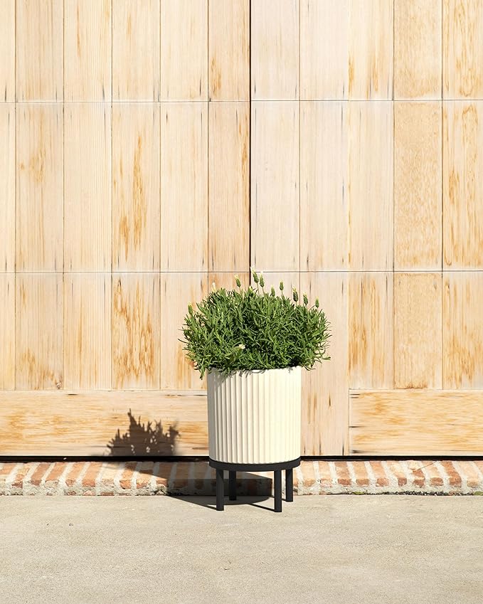 Veradek Demi Series Round Planter w/ Stand for Porch/Patio | Durable Plastic-Concrete & Wooden Stand | Modern Décor for Tall Plants, Flowers