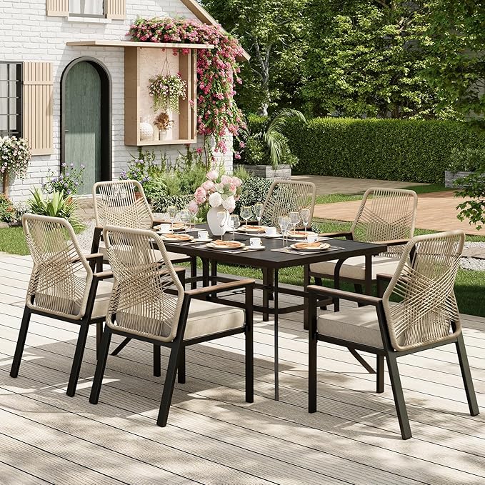 7 Pieces Outdoor Dining Set for 6, Patio Dining Set Wicker Rattan Chairs with Soft Cushion and Metal Rectangular Table, Wicker Patio Table and Chairs for Backyard Porch