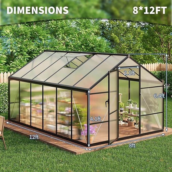 8X12 FT Outdoor Polycarbonate Greenhouse, Sturdy Aluminum Frame, Adjustable Roof Vent, Ideal for Backyard, Patio, or Garden, All-Weather Green House for Growing Plants and Vegetables