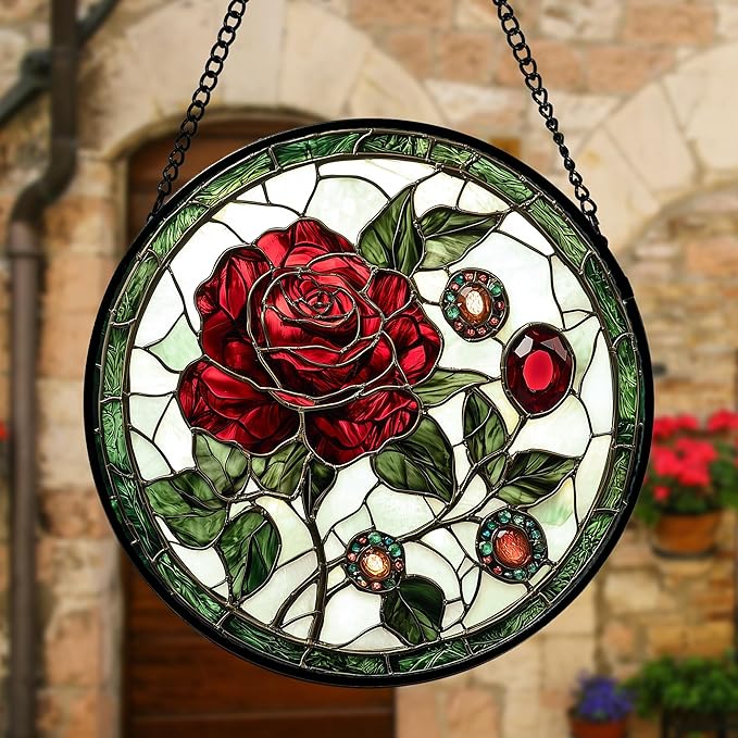 DASTOLL Stained Glass Window Hanging, Red Rose Gemstone Green Sun Catchers Diamond Glass Panel Hangings Suncatcher Decor for Birthday for Women, Men, Wife, Aunt, and Mom 7.8 in