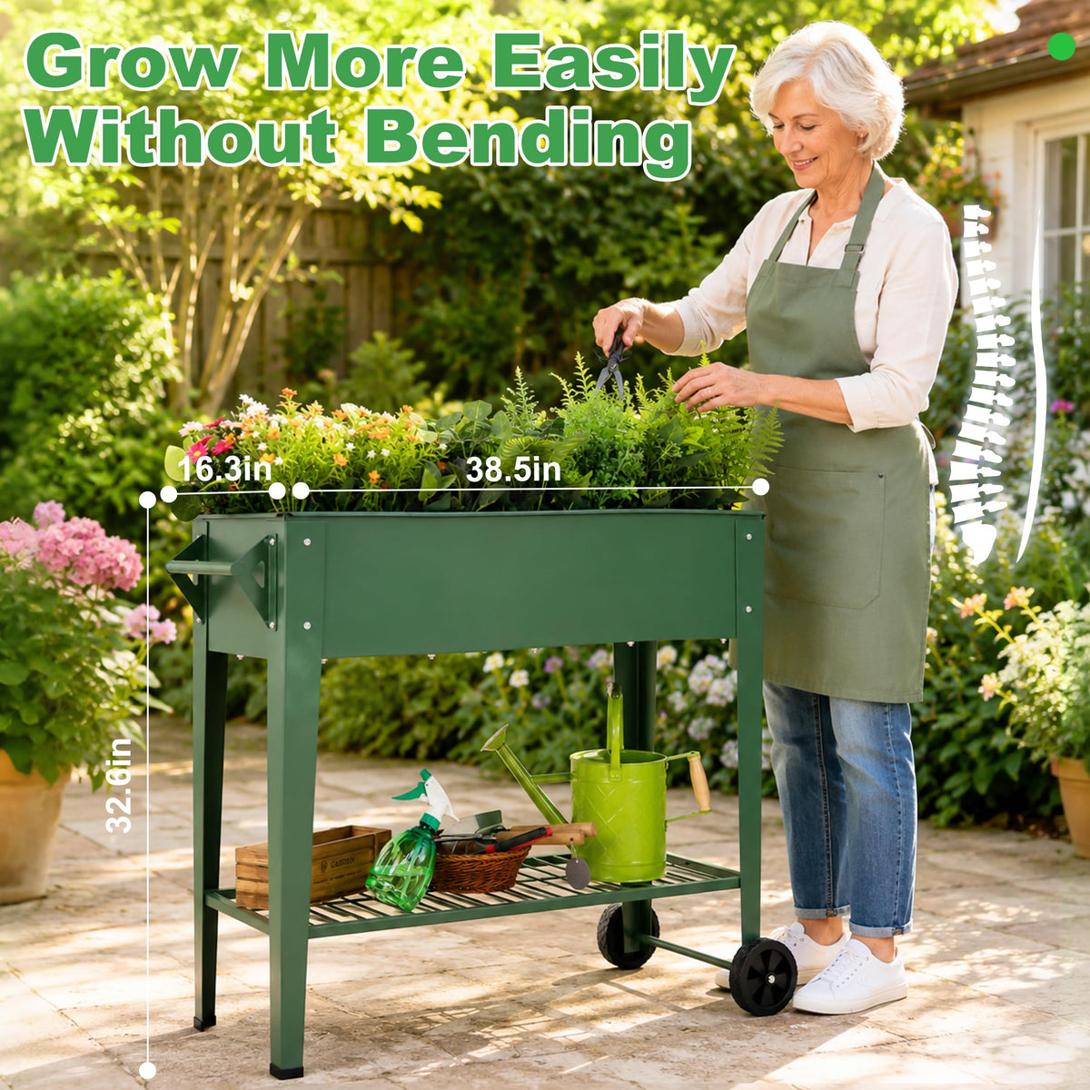 YKTEEDENS Raised Garden Bed with Legs and Wheels, Metal Outdoor, Green