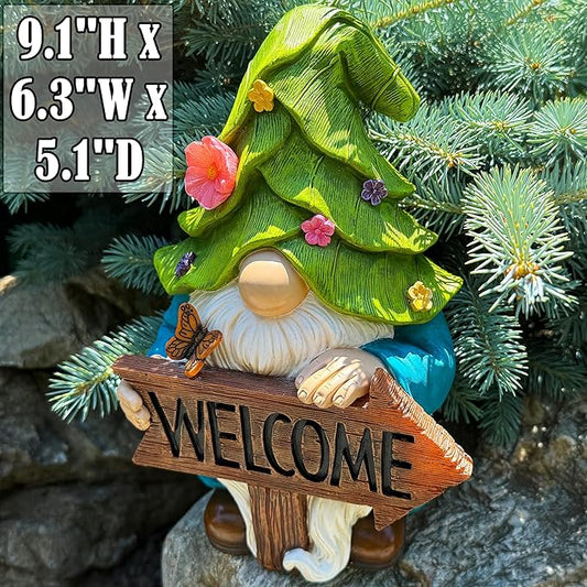 Mood Lab Garden Gnome - Solar Gnome Figurine with Welcome Sign - 9.1 Inch Decor Outdoor Lawn Statue with LED Lights