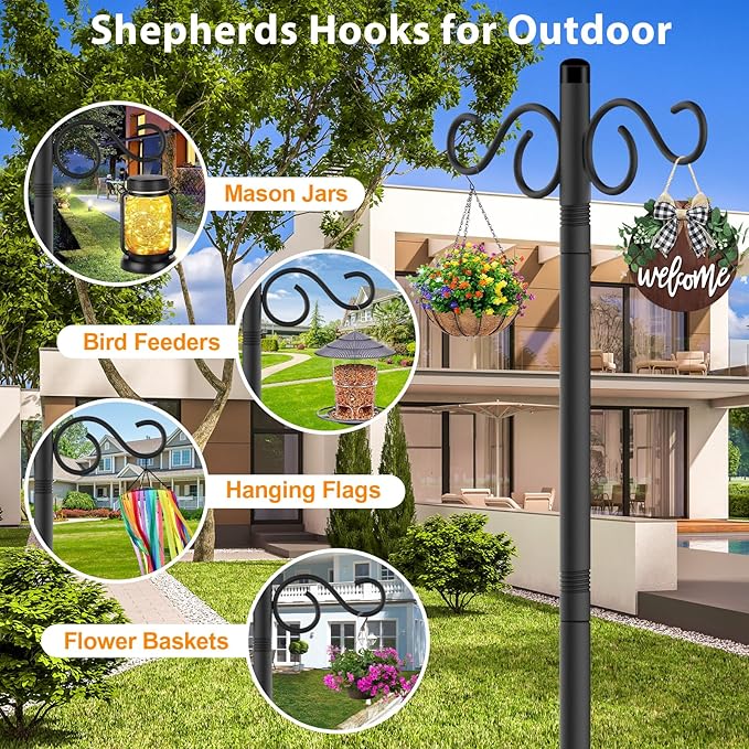 Adjustable Shepherd Hooks for Outdoor,1 Pack 55 Inch 5 Prong Base Bird Two Sided Feeder Poles,Heavy Duty Shepherds Hook,Suitable for Garden in Hanging Flower Basket,Lantern,Bird Nests(1 Pack 55 inch)
