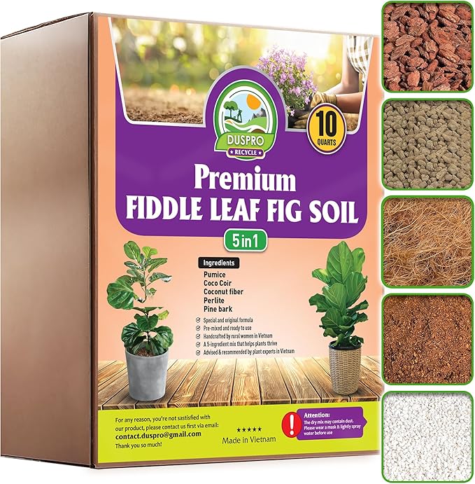 DUSPRO Recycle Fiddle Leaf Fig Soil Specialized for Fiddle Leaf Fig Plant Indoor 5-in-1 Pre-Mixed with Coco Coir, Coconut Fiber, Perlite, Pumice, Pine Bark Ready-to-Use Handmade Mix Drainage 10 QRT