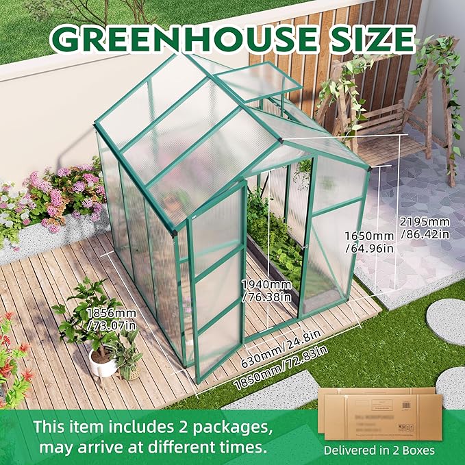 6x6 FT Greenhouse,Outdoor Greenhouse W/ Roof Vent,Walk-in Aluminum Polycarbonate Green Houses W/ Drainage System & Ground Nails,for Outside Garden,Backyard,Patio,Lawn,Green