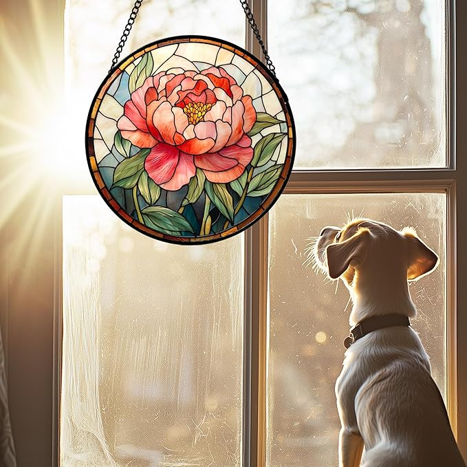 HWRHTR Stained Glass Window Hanging - Pink Peony Floral Suncatcher for Door Garden Yard Birth Flower Sun Catchers Decor Christmas Mother's Day Birthday Gifts for Women Mom Nana Wife Teacher 7.8 in