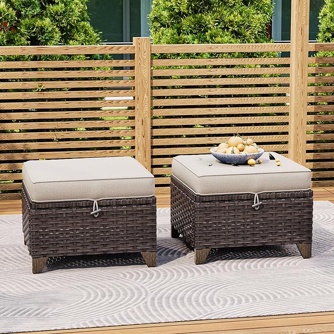 2 Pieces Patio All-Weather Wicker Ottomans with Cushions, PE Rattan Outdoor Conversation Furniture Set for Backyard, Deck, Lawn (Beige)