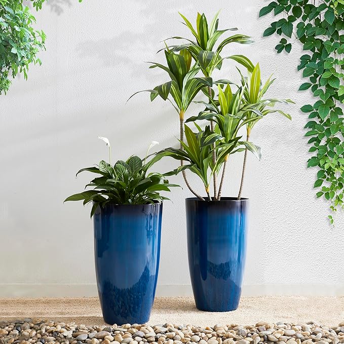 Glitzhome 23.5" H Oversized Tall Round Tapered Planter, Set of 2 Large Gradient Cobalt Blue Faux Ceramic Tall Planters Pots, Plastic Flower Pots with Drainage Holes for Front Porch Patio Garden Deck