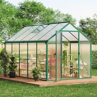 6X10 FT Greenhouse for Outdoors, Large Walk-in Polycarbonate Greenhouse Kit, Aluminum Frame, Lockable Door, Roof Vent, Ground Spikes, for Garden, Patio, Backyard, Outdoor Plant Growth