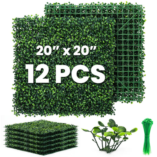 Ticanros Grass Wall Panel 12 Pack 20"x20" Artificial Boxwood Hedge Plant Wall, Greenery Walls, Artificial Grass Backdrop, Privacy Hedge Screen Faux Boxwood for Outdoor,Indoor,Garden,Fence,Backyard