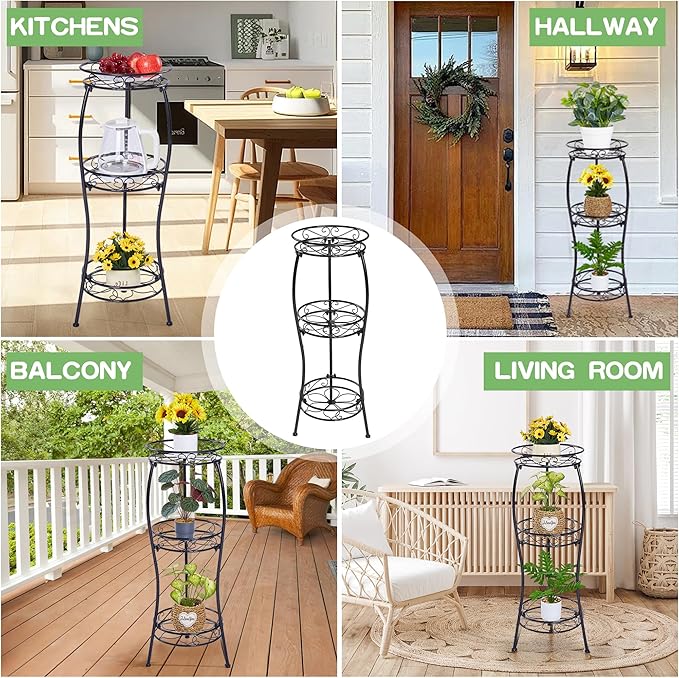 VECELO 3 Tier Metal Outdoor Plant Stand Indoor, Rustproof Stable 33.8” Tall Iron Flower Stand, Decorative Multiple Heavy Duty Plant Holder for Corner, Patio, Balcony Garden, Black