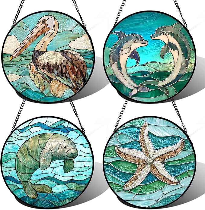 Stained Glass Window Hanging 4 Pcs Set Cyan Ocean Life Theme 7.8" - Sea Starfish Suncatcher Door Garden Sun Catcher Decor Birthday for Mom Woman Nana Men Friend