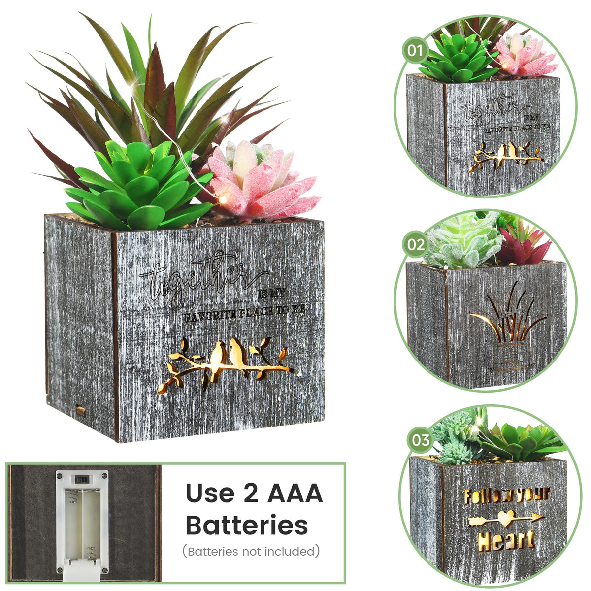 Kinkota Fake Plants Succulent Plants Artificial in Pots with LED Lights