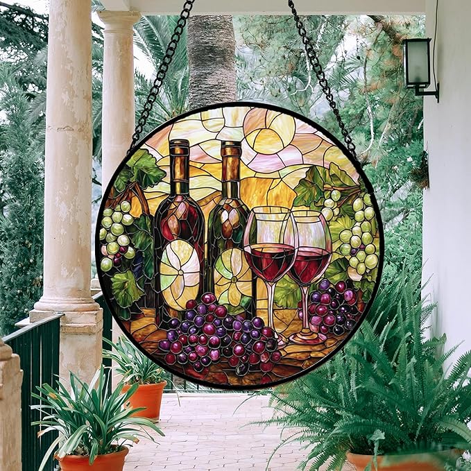 Stained Glass Window Hanging, Grapes and Wine Suncatcher Diamond Glass Panel Hangings Sun Catchers Decor for Birthday for Women, Men, Wife, Aunt, and Mom 14.9x14.9 in