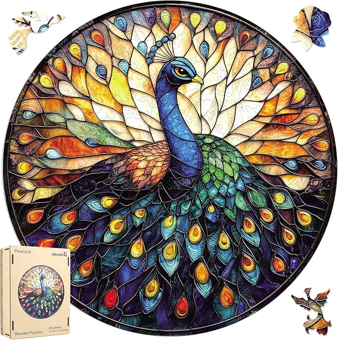 Qiuenisray Jigsaw Puzzles for Adults 200 Pieces, Beautiful Wooden Puzzles Stained Glass Peacock, FSC Certified Unique Shape Adult Puzzles, for Family Friend 11.2 x 11.2 in