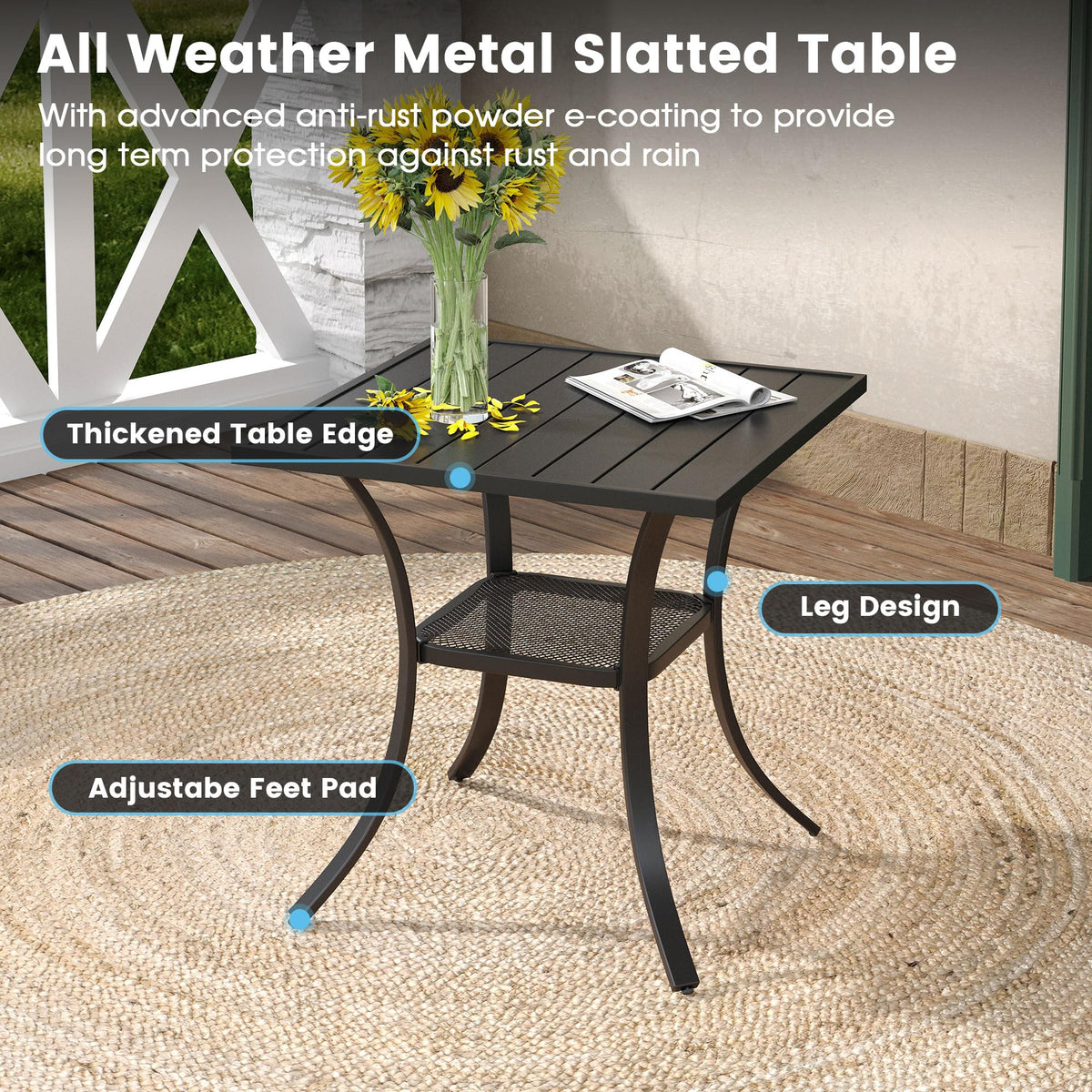DIFY 3-Piece Outdoor Patio Bistro Dining Set, Walnut Small Square Dining Table & 2 Brown Stackable Metal Chairs with Breathable Fabric, Outdoor Furniture Set for Balcony, Porch, and Deck