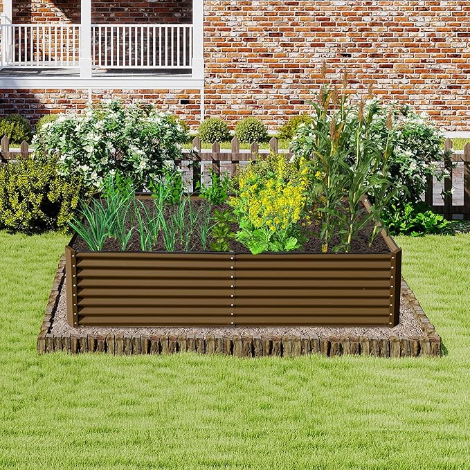 Domi 8x4x2ft Metal Raised Garden Beds Outdoor, Thickened Galvanized Steel Deep Root Planter Box with Stabilizing Bars & Rubber Edging for Vegetables, Flowers, Herbs - Brown