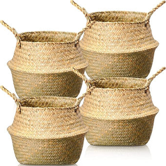 Qunclay 4 Pcs Woven Seagrass Baskets Belly Basket Folding Boho Natural Plant Pot with Handles Round Decorative Wicker Large Indoor Planter for Home Outdoor Tree Planters Decor (9 x 11 Inch)