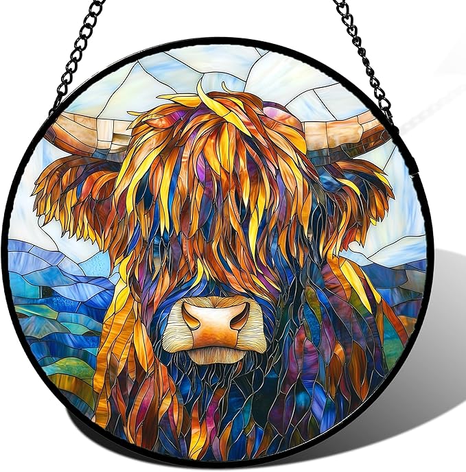Stained Glass Window Hanging - Highland Cattle Suncatcher for Door Terrace Garden Home Decor Western Style Brown Cow Sun Catcher Birthday Gifts for Lovers Women Men Dad Mom Nana 9.8 in