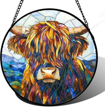 Stained Glass Window Hanging - Highland Cattle Suncatcher for Door Terrace Garden Home Decor Western Style Brown Cow Sun Catcher Birthday Gifts for Lovers Women Men Dad Mom Nana 9.8 in