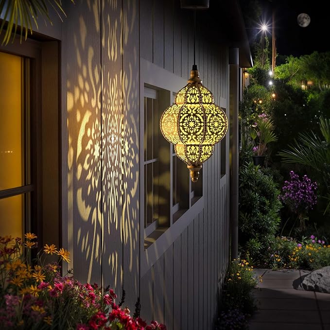 Hanging Solar Lights Outdoor Garden Decor Solar Lantern Waterproof Plastic Moroccan Outdoor Decorations for Patio Pathway Yard Backyard Garden Decorative (2 Pack, Bronze)
