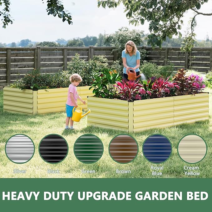 FOOWIN 4pcs 8x4x2ft Galvanized Raised Garden Bed, Planter Raised Garden Boxes Outdoor, Large Metal Raised Beds for Gardening, Garden Bed for Vegetables, Flowers, Herb,478 Gallon Capacity, Cream Yellow