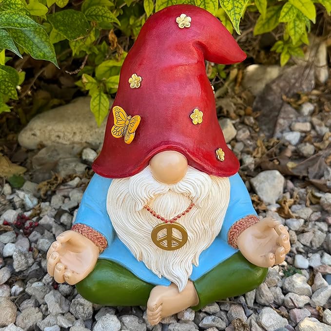 Mood Lab Garden Gnome - Funny Zen Hippie Gnome Figurine - 9.1 Inch Tall Lawn Statue - for Outdoor or House Decor