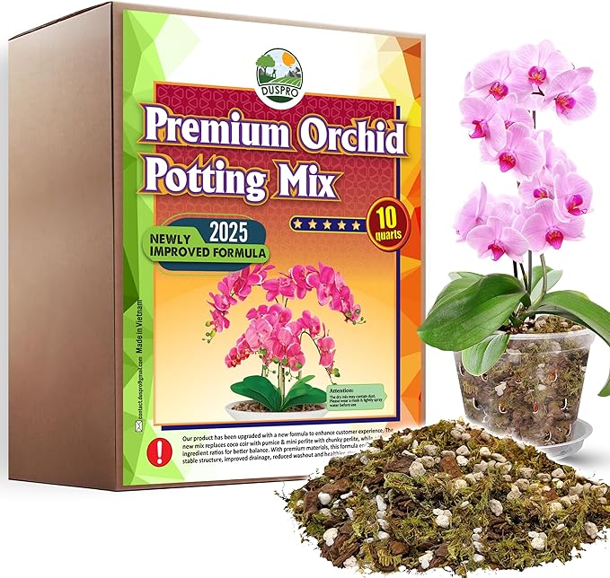 [Upgraded] DUSPRO Orchid Potting Mix for Repotting with Forest Moss, Pine Bark, Perlite & Pumice, Orchid Bark Potting Mix, Orchid Repotting Soil, Drainage Indoor Potting, Orchid Pot Not Included, 10QT