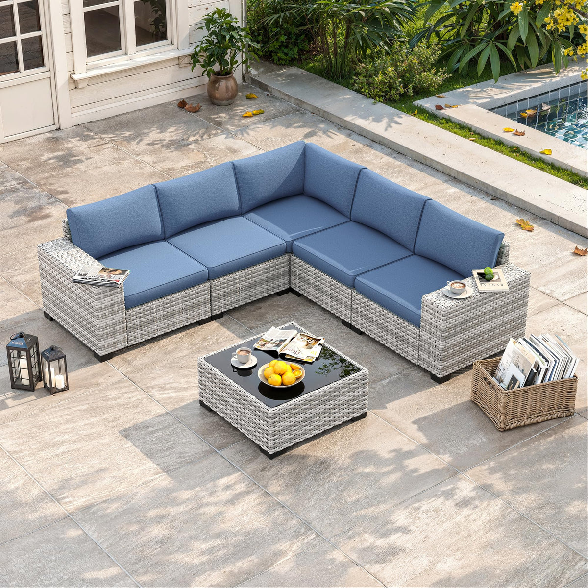 6 Piece Outdoor Wicker Patio Furniture Set Rattan Outdoor Sectional Sofa