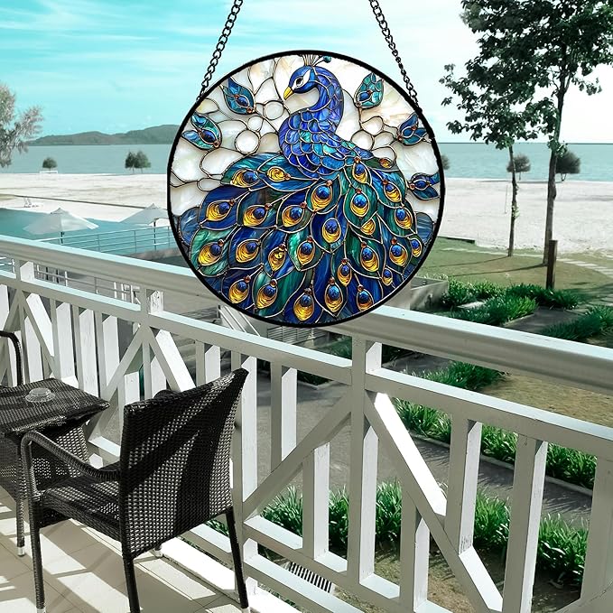 AMDERVEN Stained Glass Window Hanging - Peacock Blue Gold Feathers Sun Catcher for Door Garden Home Decor Bird Suncatcher Christmas Mother's Day Birthday Gifts for Women Men Mom Nana 15 in