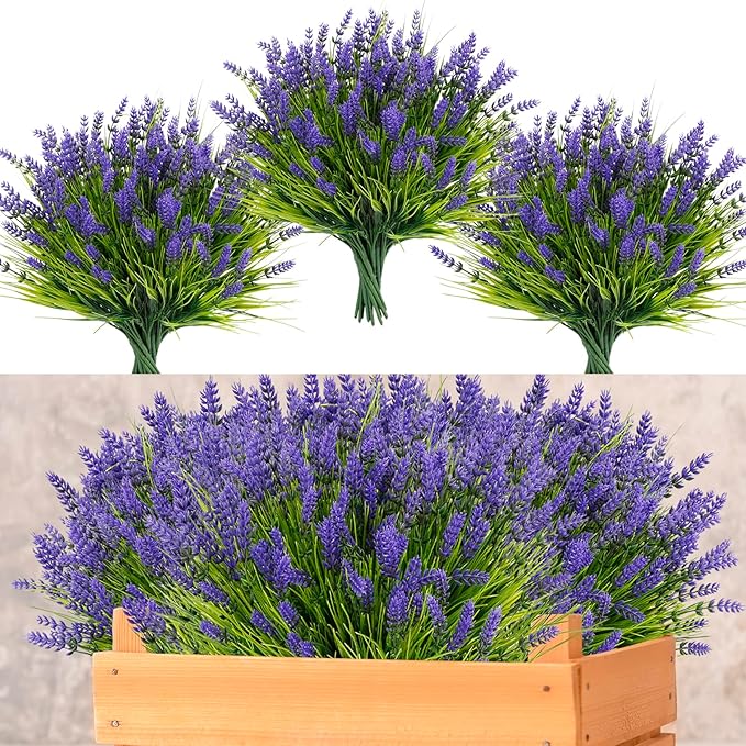 ZINHO 36 Bundles Artificial Flowers Outdoor, Faux Lavender Flowers with Grass UV Resistant Artificial Plants for Outdoor Outside Hanging Planter Window Box Garden Patio Front Porch Decor