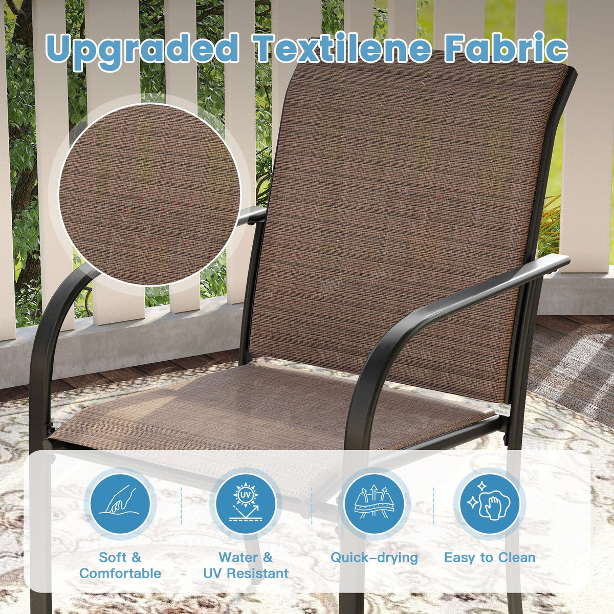 DIFY 3-Piece Outdoor Patio Bistro Dining Set, Walnut Small Square Dining Table & 2 Brown Stackable Metal Chairs with Breathable Fabric, Outdoor Furniture Set for Balcony, Porch, and Deck
