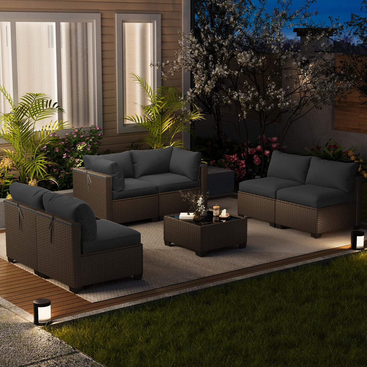 LOUVIXA 7 Piece Outdoor Patio Furniture Set, Outdoor Sectional Sofa, Wicker Rattan Patio Furniture, Patio Conversation Set with Coffee Table & Cushions