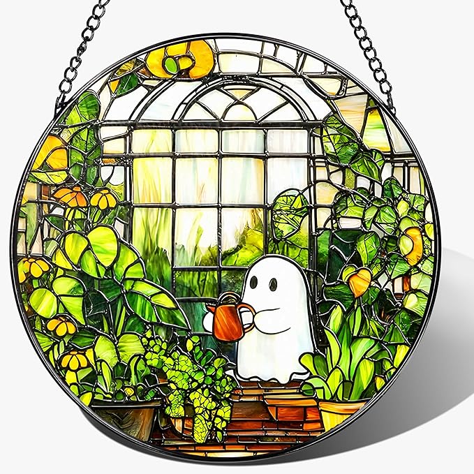 LAOWEIKI 8'' Halloween Ghost Greenhouse Sun Catcher Ornament, Stained Glass Window Hanging, Sun Catchers for Windows Hanging Ornaments, Window Decor, Holiday Present, Ideal Gift | Plant Lovers Gifts