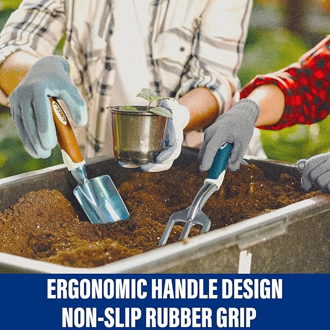 Aimerla Gardening Tools Set of 9 Heavy Duty Garden Tools with Non-Slip Rubber Grip with Large Garden Bag, Durable for Garden, Weeding, Gifts for Women,Men