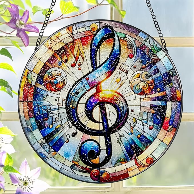 Stained Glass Window Hanging, LAOWEIKI 8'' Musical Note Suncatcher, Stained Glass Ornament, Suncatchers for Windows Hanging, Window Decor, Outdoor or Indoor, Gifts for Friends, Music Lover