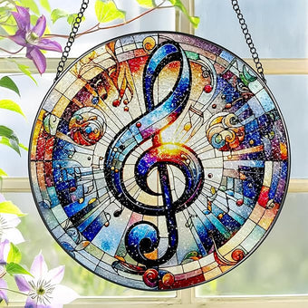 Stained Glass Window Hanging, LAOWEIKI 8'' Musical Note Suncatcher, Stained Glass Ornament, Suncatchers for Windows Hanging, Window Decor, Outdoor or Indoor, Gifts for Friends, Music Lover