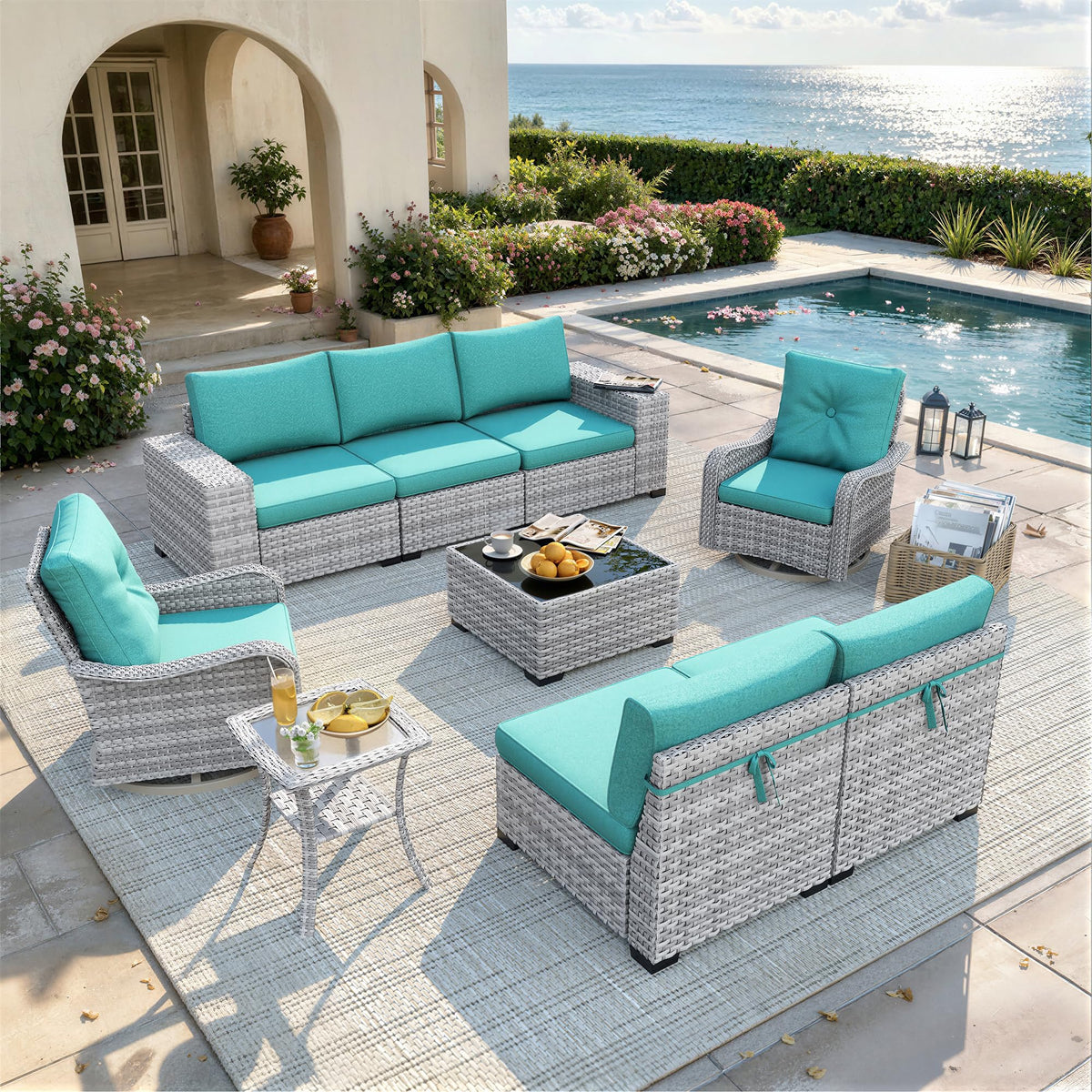 9 Piece Outdoor Wicker Patio Furniture Set with Swivel Chairs