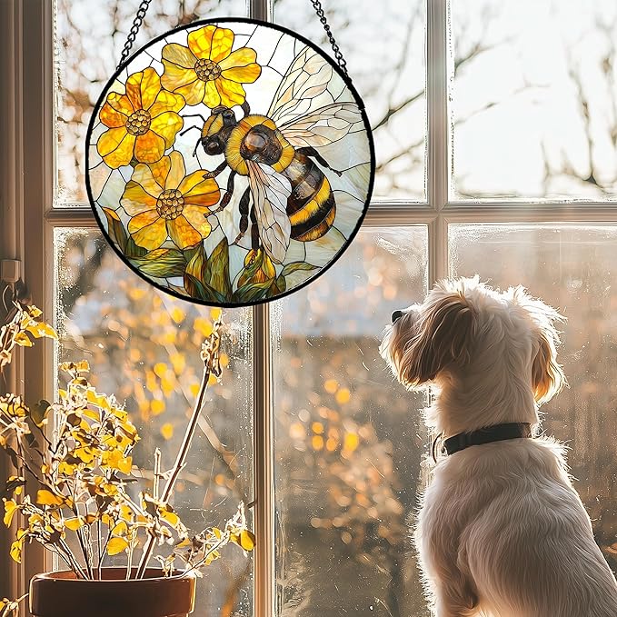 Stained Glass Window Hanging - Yellow Bees Gathering Flowers Sun Catcher for Door Garden Home Decor Cute Suncatcher Christmas Mother's Day Birthday Gifts for Women Men Mom Nana 7.8 in
